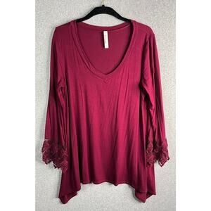 Emerald Lace Sleeve Tunic Top Womens L Burgundy Rayon Spandex V Neck USA
